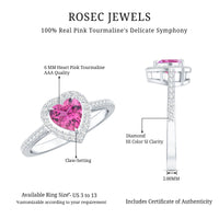 Pink heart-shaped tourmaline engagement ring with diamond halo by Rosec Jewels, showcasing a romantic and elegant jewelry design.