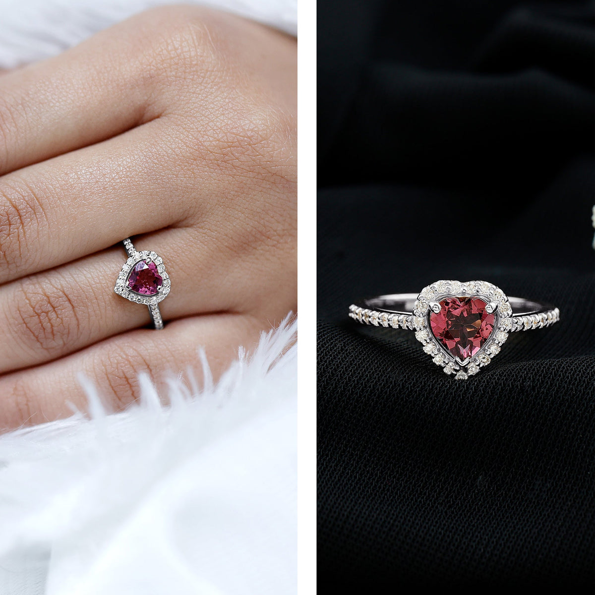 Heart-shaped pink tourmaline engagement ring with diamond halo from Rosec Jewels, showcasing a romantic jewelry design.