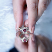 Heart-shaped pink tourmaline engagement ring with diamond halo by Rosec Jewels featuring a stunning, elegant design.