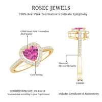 Heart-shaped pink tourmaline engagement ring with diamond halo from Rosec Jewels, showcasing a stunning pink gemstone and sparkling diamonds.