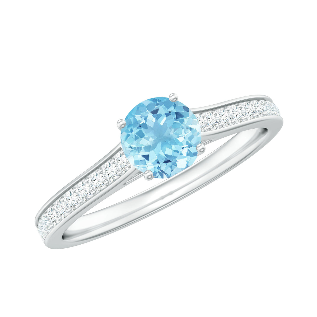 Certified real aquamarine solitaire ring with diamond side stones, featuring a silver band and elegant design from Rosec Jewels.