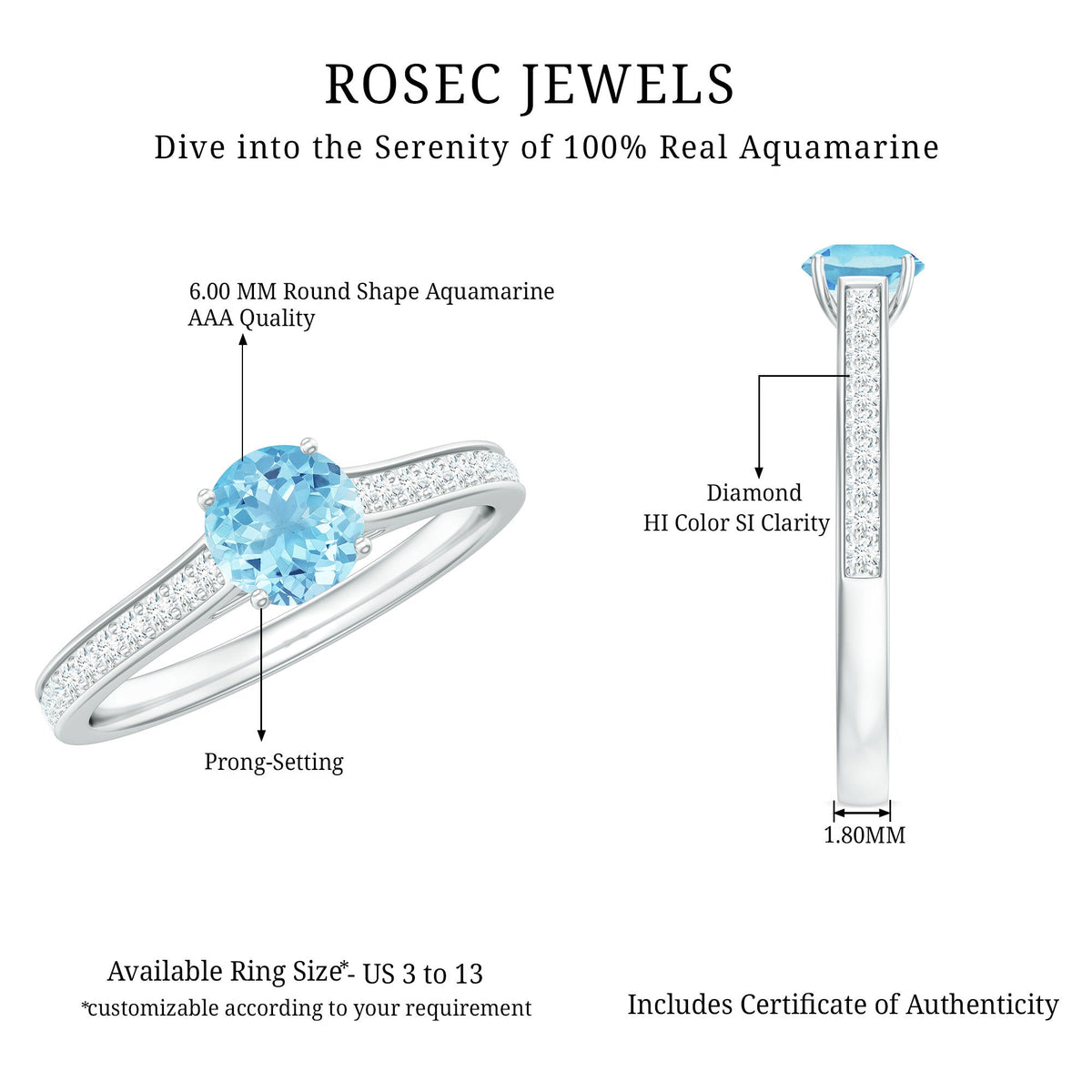Certified real aquamarine solitaire ring with diamond side stones, set in a elegant Rosec Jewels ring design.