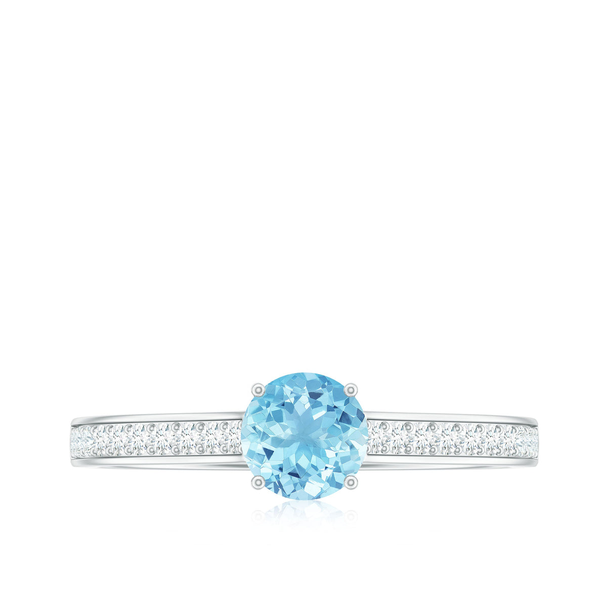 Certified real aquamarine solitaire ring with diamond side stones from Rosec Jewels, showcasing the elegant gemstone and detailed band.