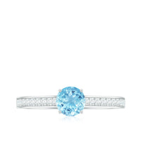 Certified real aquamarine solitaire ring with diamond side stones from Rosec Jewels, showcasing the elegant gemstone and detailed band.
