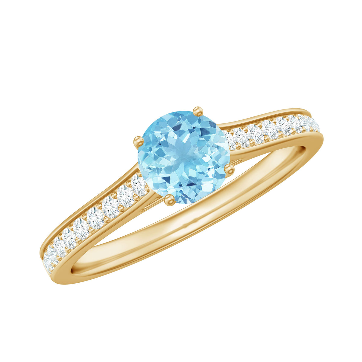 Certified real aquamarine solitaire ring with diamond side stones, featuring a silver band and elegant gemstone setting.