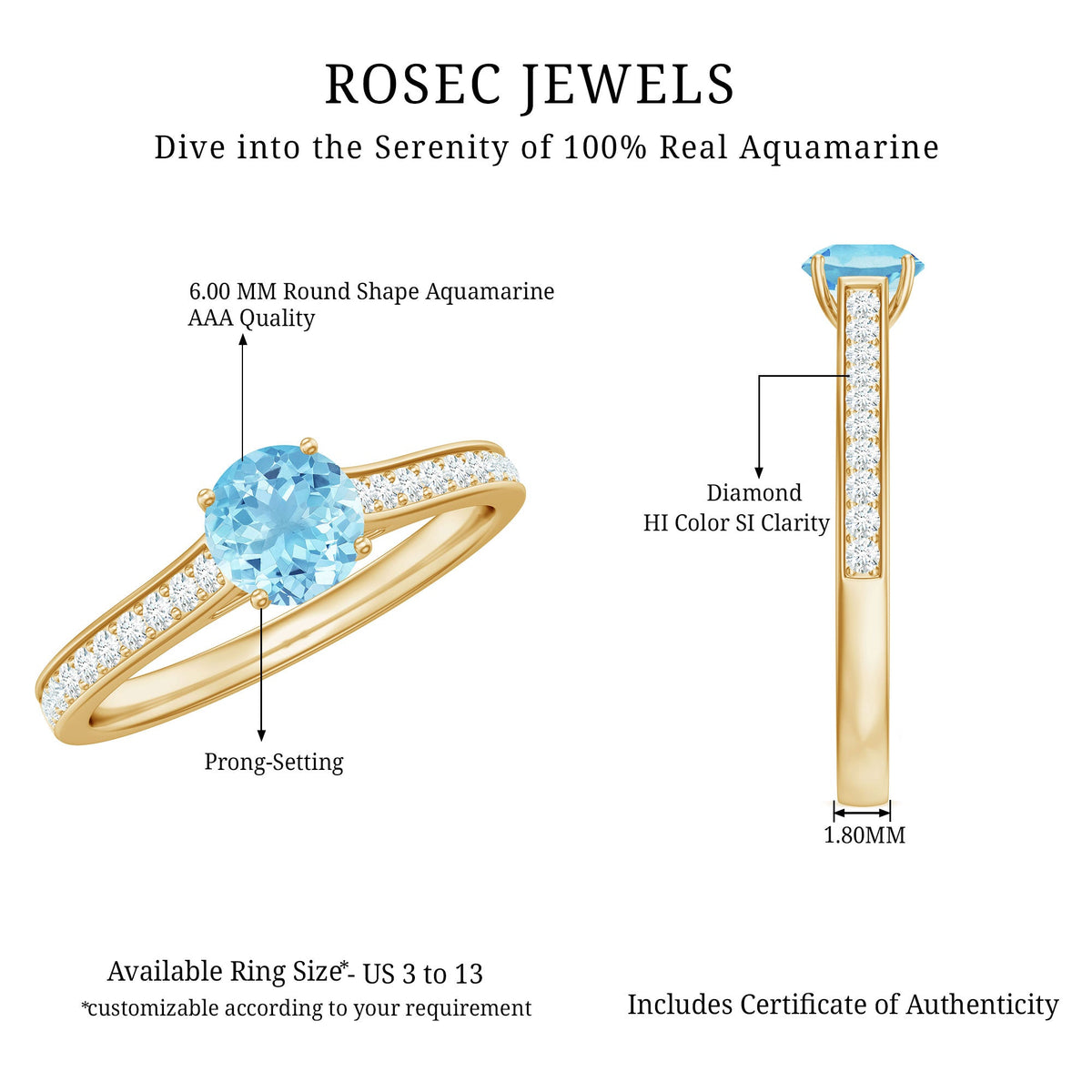 Certified real aquamarine solitaire ring with diamond side stones, elegant jewelry design by Rosec Jewels.