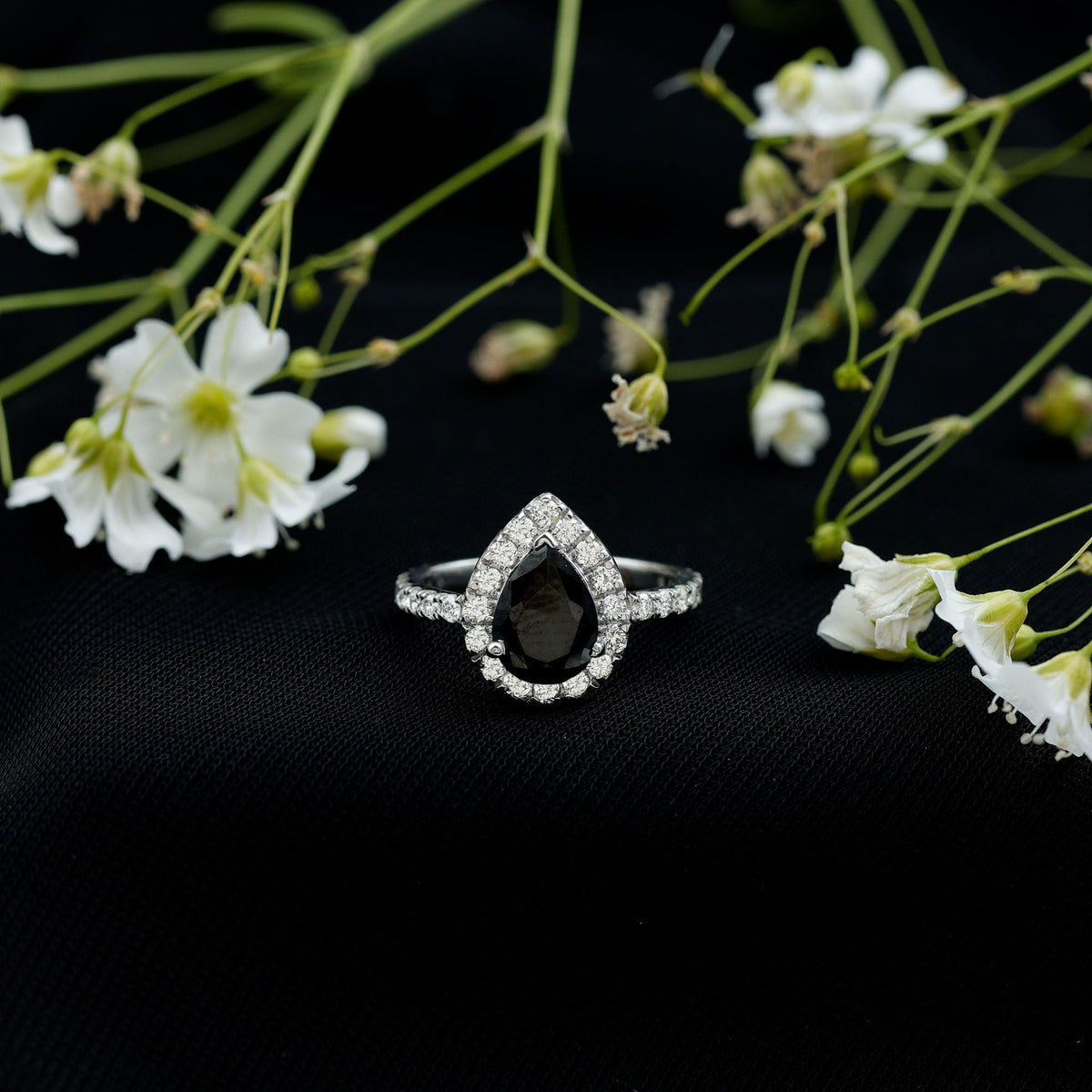 Certified 0.85 Carat Lab Grown Black Diamond Teardrop Engagement Ring with White Diamond