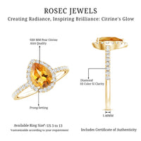 1 Carat Natural Pear Shape Citrine Engagement Ring with Diamond Halo