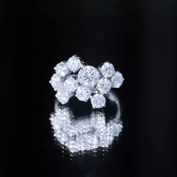 Silver ring featuring a certified moissanite cluster statement design, showcasing sparkling yellow and clear stones.
