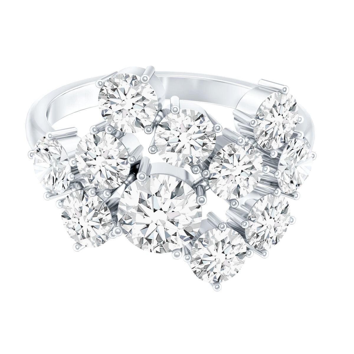 Silver moissanite cluster statement ring with sparkling stones, featuring a bold design from Rosec Jewels.