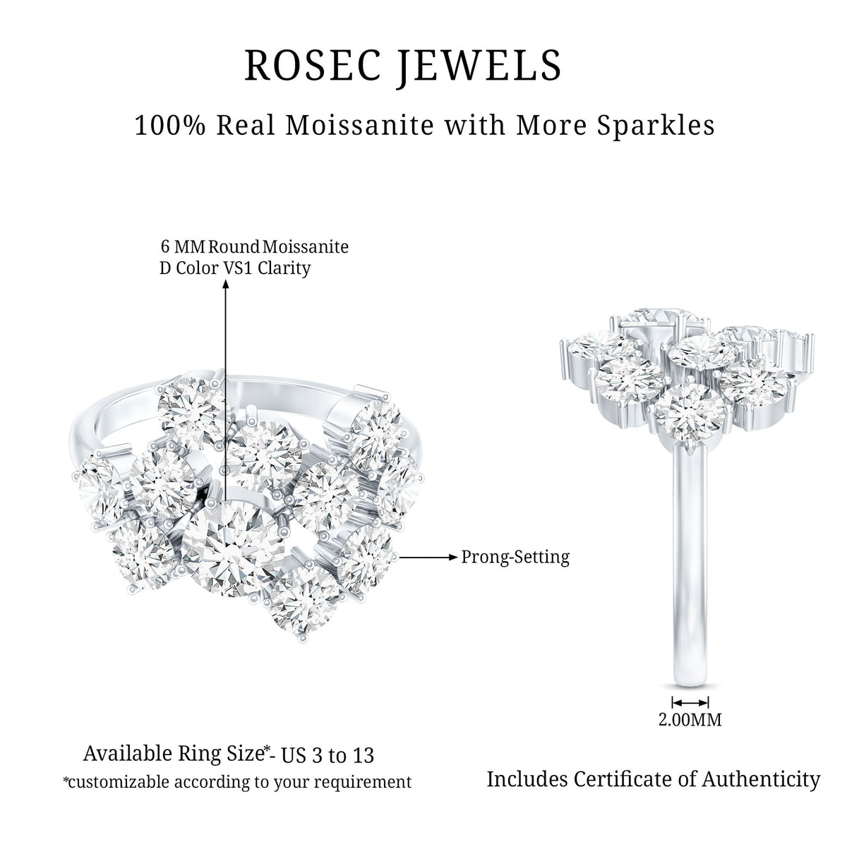 Silver moissanite cluster statement ring by Rosec Jewels featuring sparkling gemstone design and intricate craftsmanship.