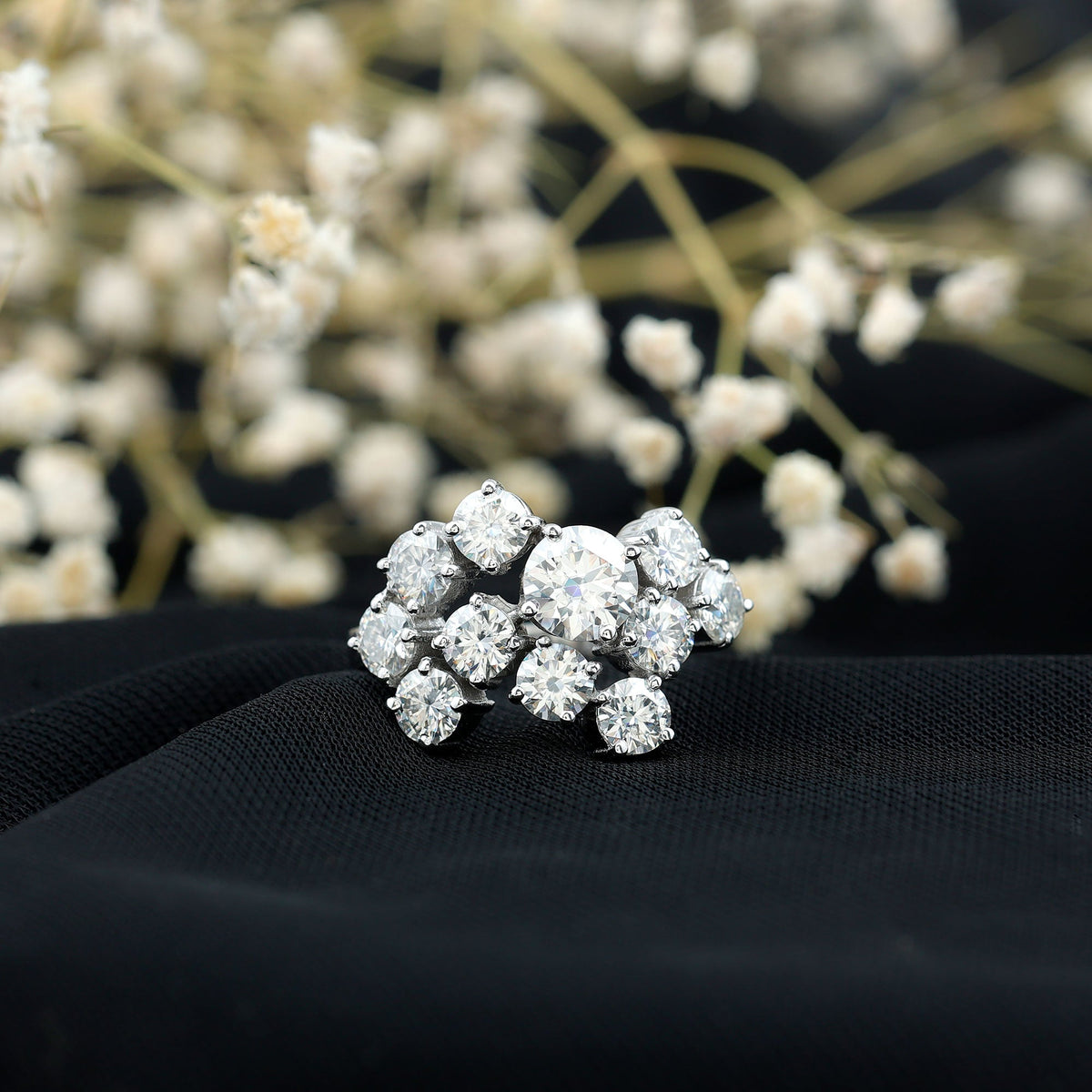 Silver certified moissanite cluster statement ring with multiple sparkling stones, designed by Rosec Jewels.