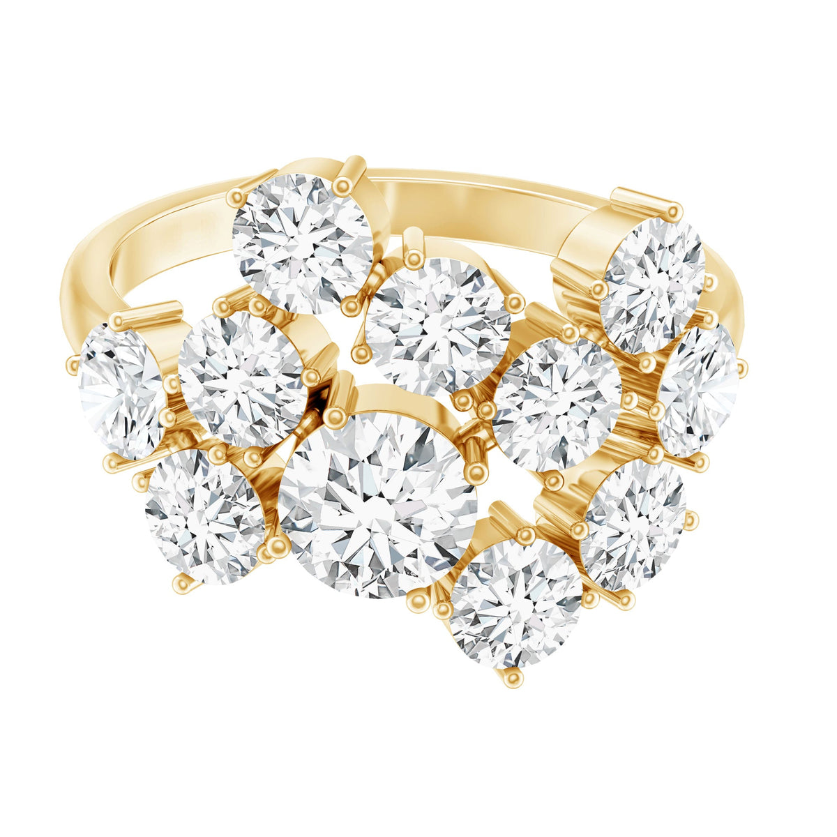 Silver Moissanite cluster statement ring by Rosec Jewels with sparkling gemstone design and intricate band details.