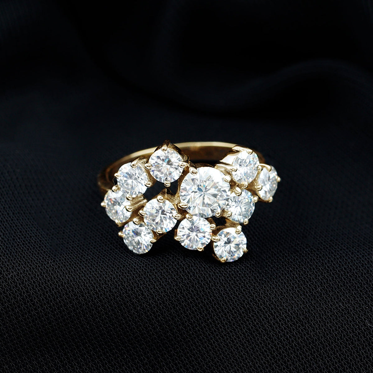Silver Moissanite cluster statement ring by Rosec Jewels featuring sparkling gemstone arrangement and intricate design.