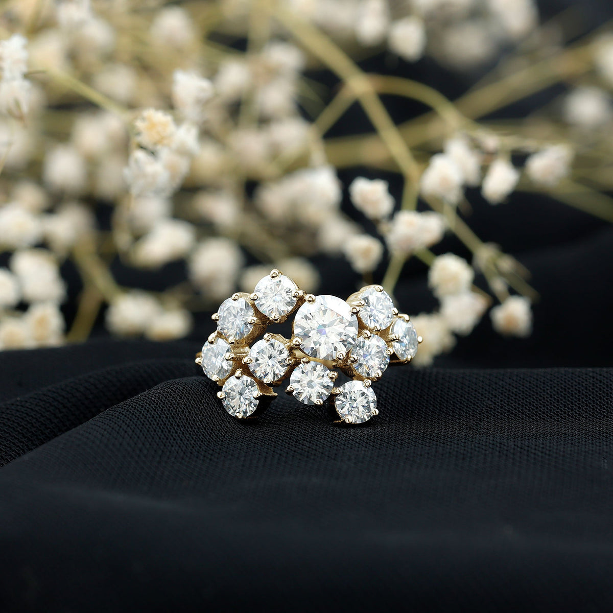 Certified Moissanite Cluster Statement Ring in silver with sparkling gemstone cluster, designed by Rosec Jewels.