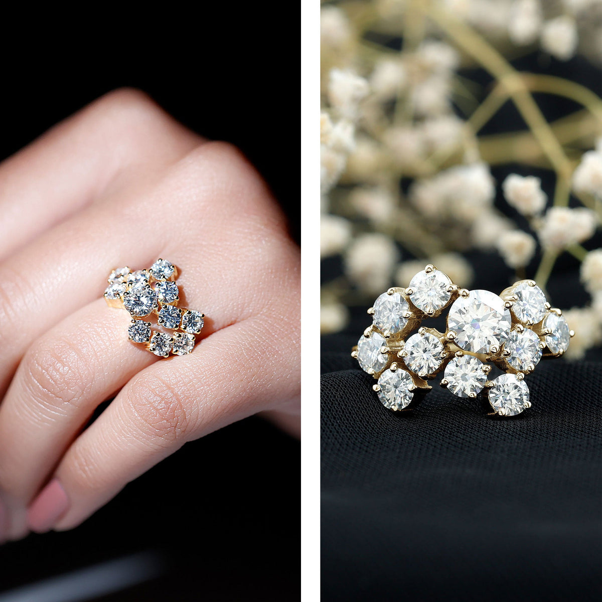 Certified Moissanite Cluster Statement Ring in silver featuring sparkling moissanite gemstones and intricate cluster design.