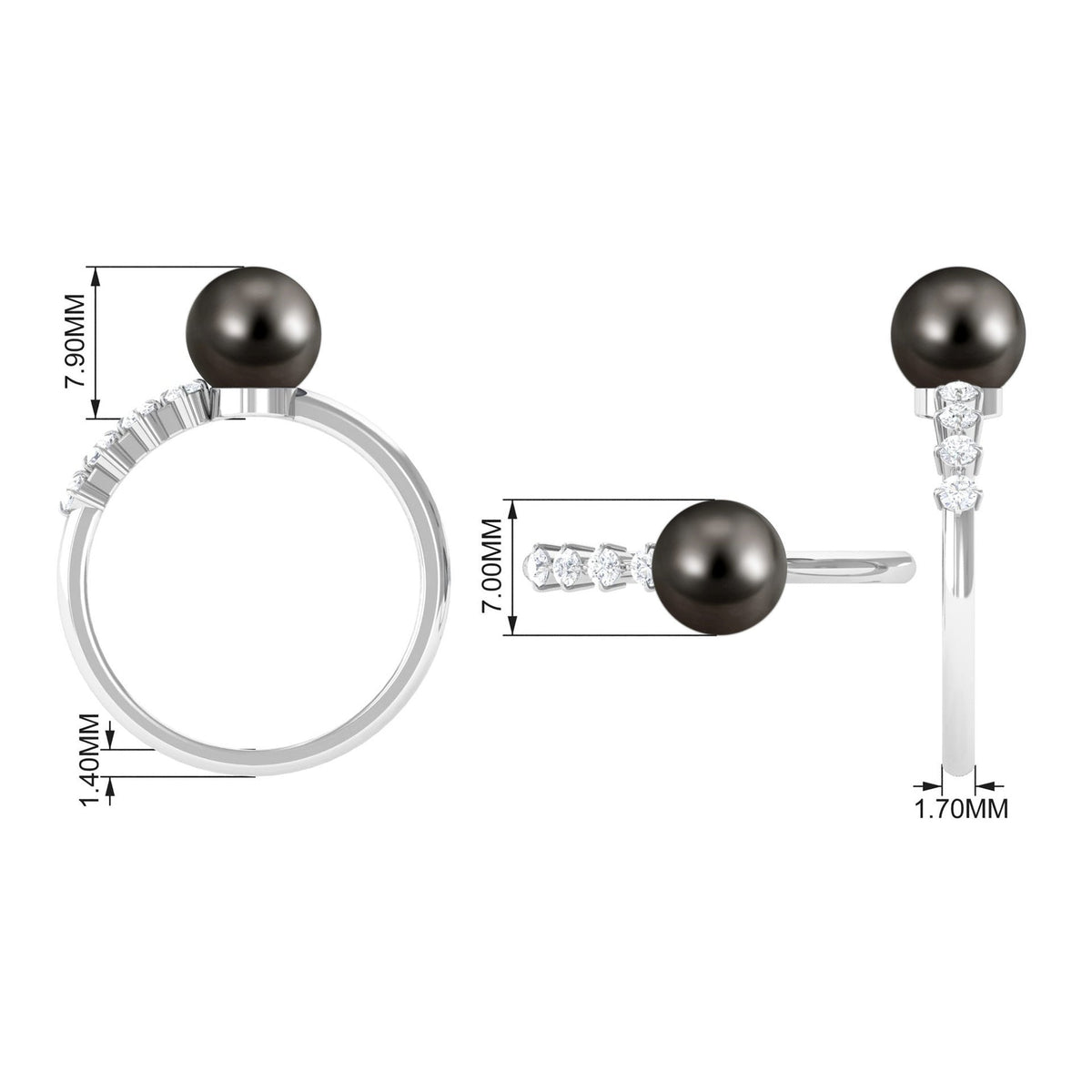 Rosec Jewels designer Tahitian pearl solitaire engagement ring with diamond, showcasing a lustrous black pearl and elegant band.