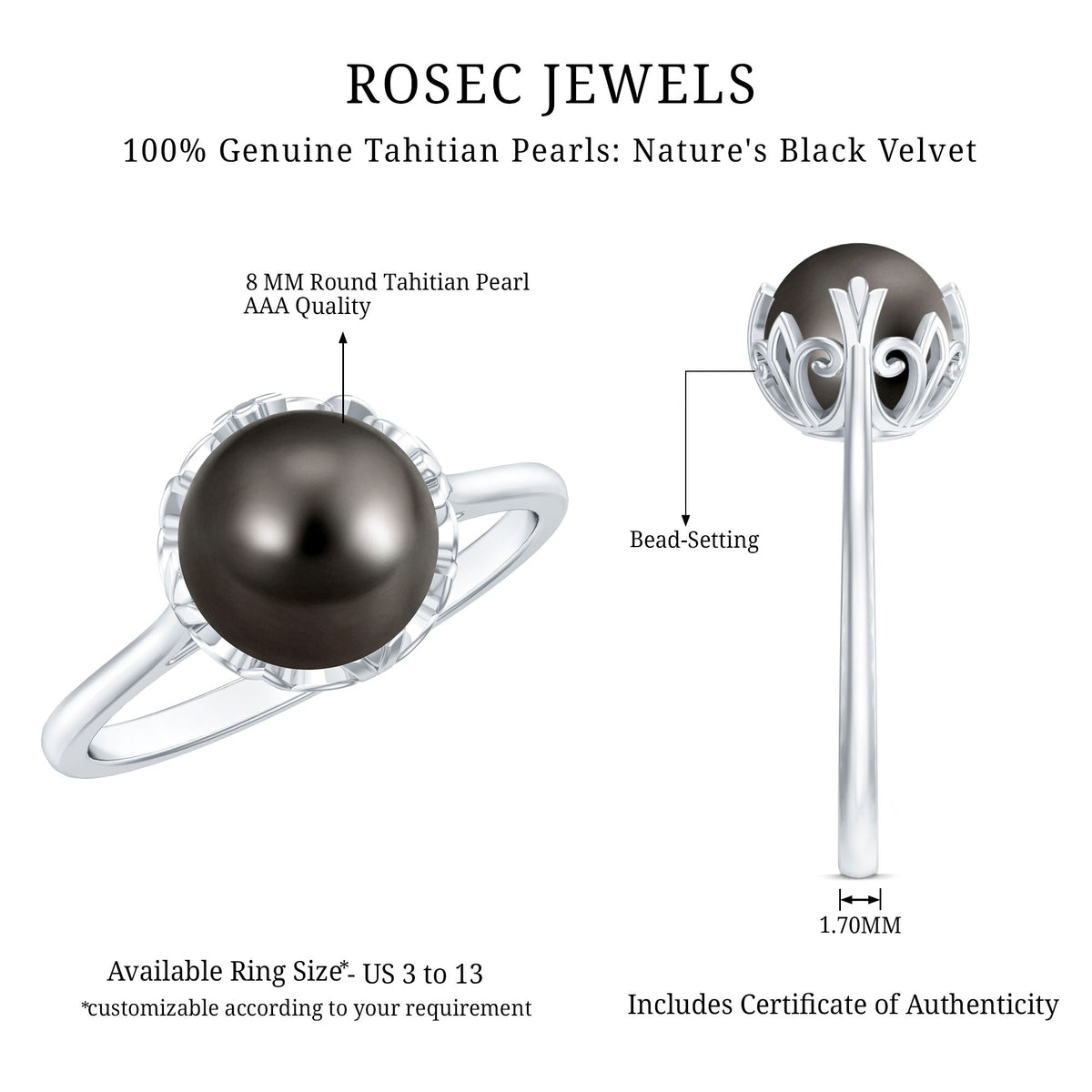 Handcrafted black Tahitian pearl engagement ring by Rosec Jewels featuring a lustrous black pearl set on a silver band.