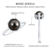 Handcrafted black Tahitian pearl engagement ring by Rosec Jewels featuring a lustrous black pearl set on a silver band.
