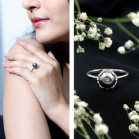 Genuine black Tahitian pearl engagement ring by Rosec Jewels featuring a sleek band and a lustrous black pearl centerpiece.