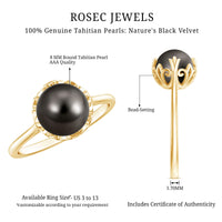 Handcrafted black Tahitian pearl engagement ring by Rosec Jewels featuring a lustrous black pearl set in a delicate ring band.