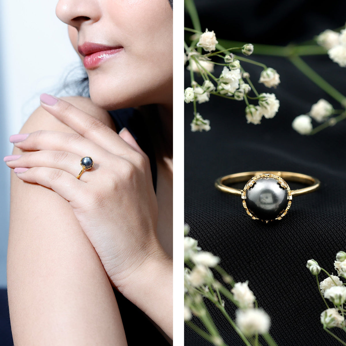 Handcrafted black Tahitian pearl engagement ring from Rosec Jewels featuring a lustrous black pearl set in a delicate ring band.