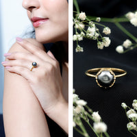Handcrafted black Tahitian pearl engagement ring from Rosec Jewels featuring a lustrous black pearl set in a delicate ring band.