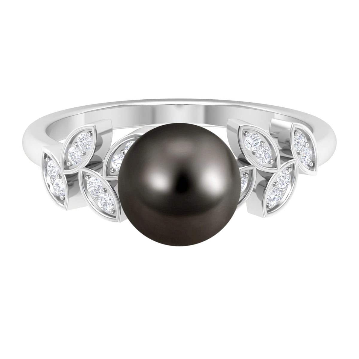 Tahitian black pearl and diamond leaf engagement ring by Rosec Jewels, featuring a sleek gold band and intricate leaf design.
