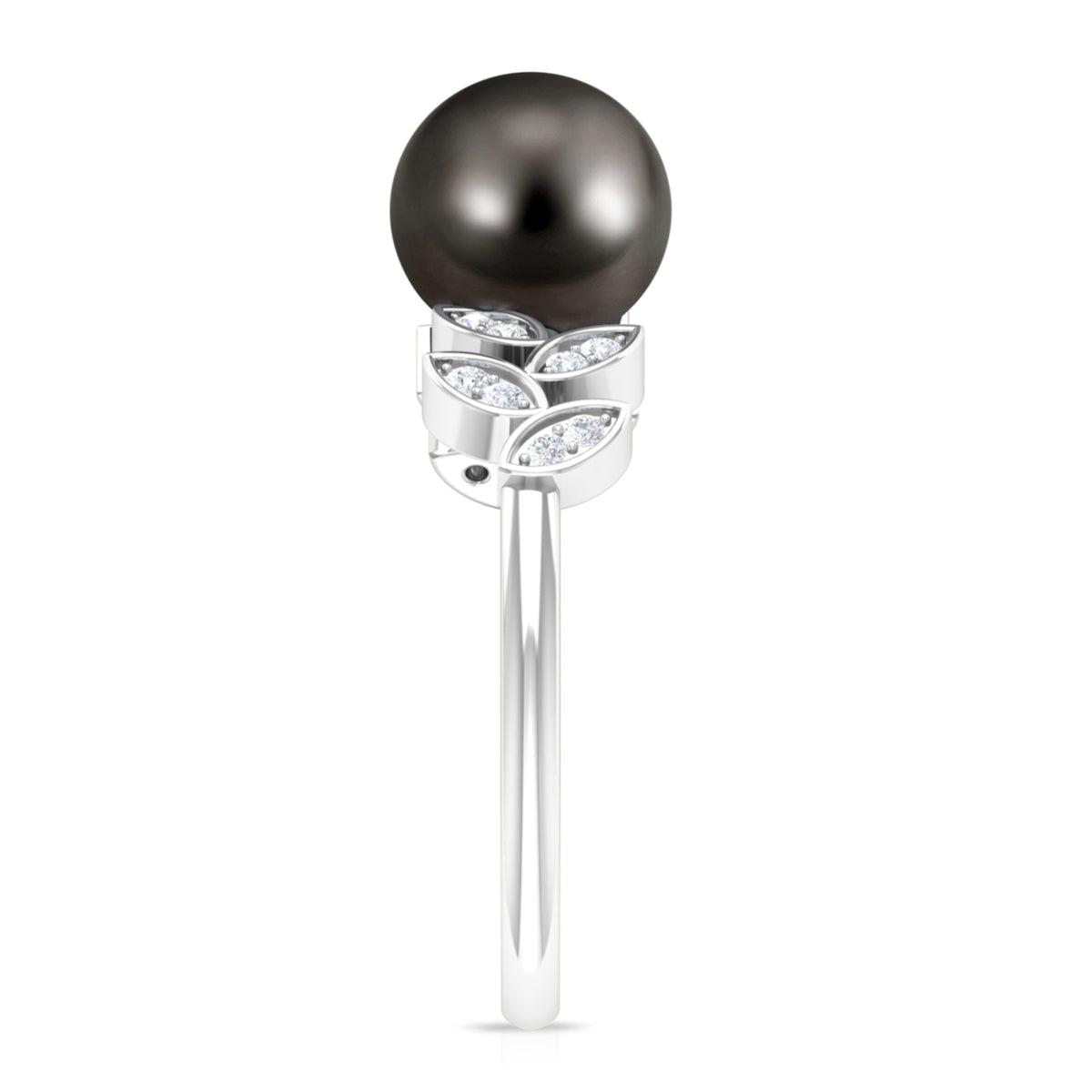 Tahitian black pearl and diamond leaf engagement ring by Rosec Jewels, featuring a sleek gold band and intricate leaf design.