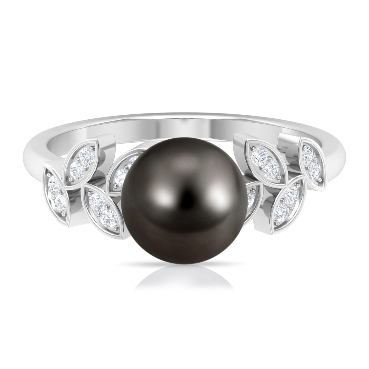 Tahitian black pearl and diamond leaf engagement ring by Rosec Jewels, featuring a delicate gold band and intricate leaf design.