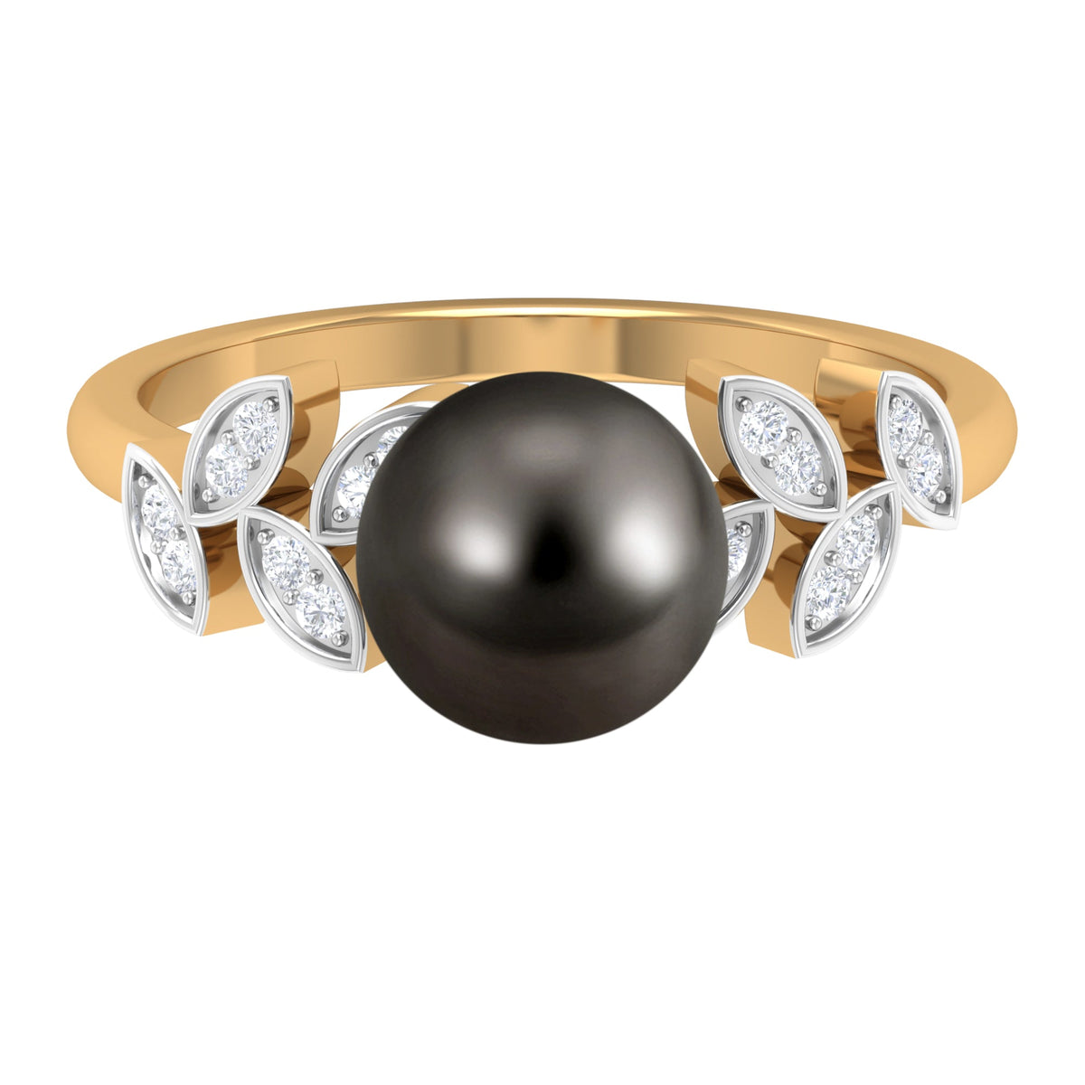 Tahitian black pearl and diamond leaf engagement ring by Rosec Jewels featuring a sleek gold band and elegant design.