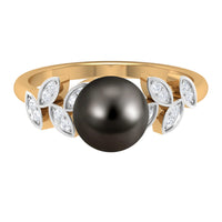Tahitian black pearl and diamond leaf engagement ring by Rosec Jewels featuring a sleek gold band and elegant design.