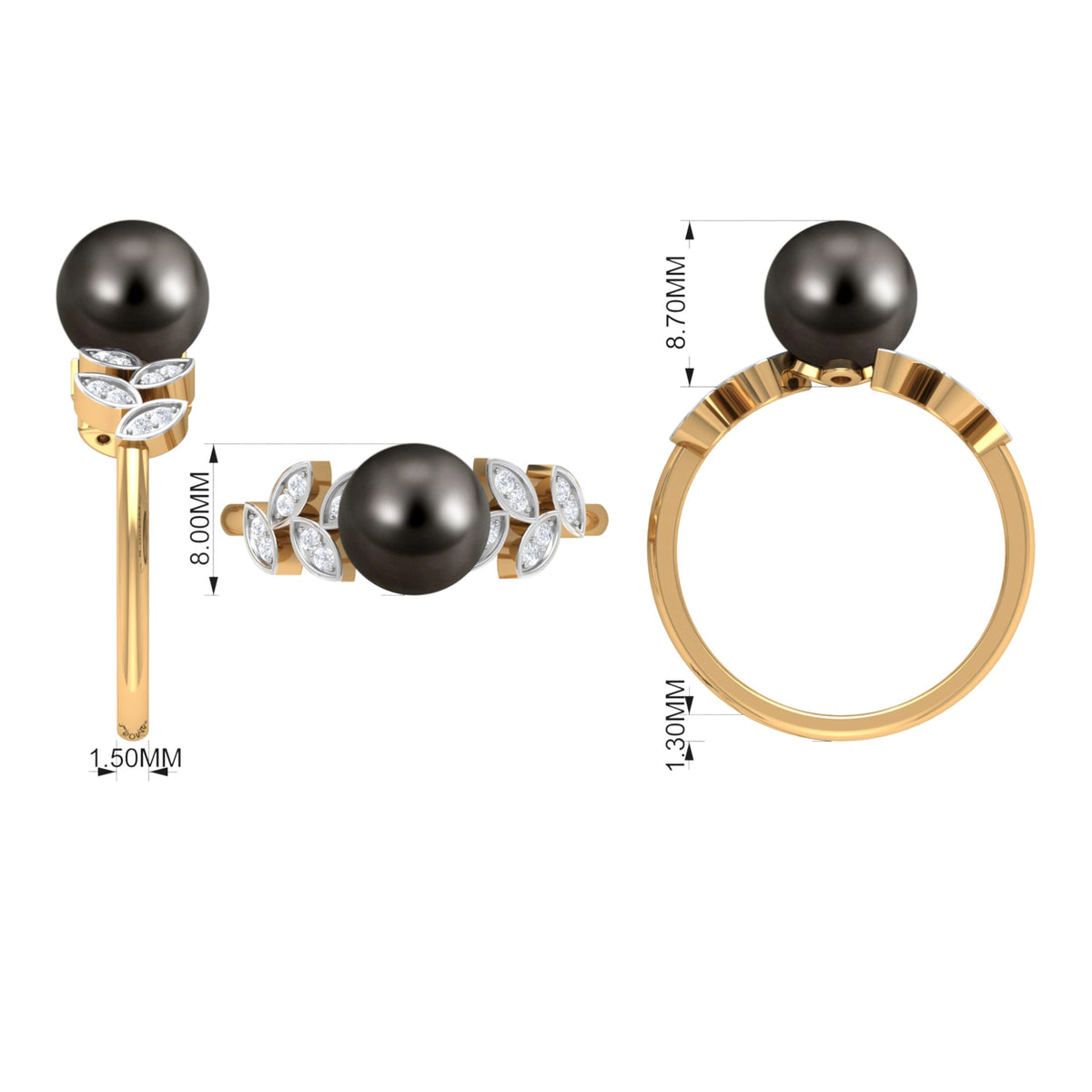 Tahitian black pearl and diamond leaf engagement ring by Rosec Jewels, featuring a sleek gold band and intricate leaf design.