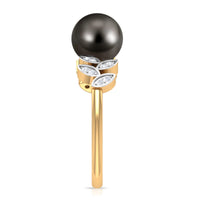 Tahitian black pearl and diamond leaf engagement ring featuring a delicate gold band and intricate leaf design from Rosec Jewels.