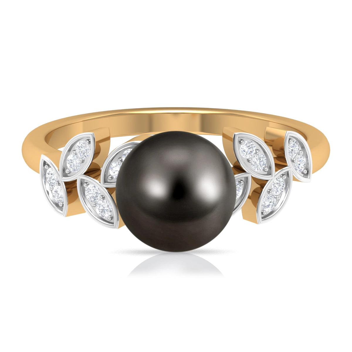 Tahitian black pearl and diamond leaf engagement ring by Rosec Jewels, featuring a sleek gold band with a black pearl and small diamonds.