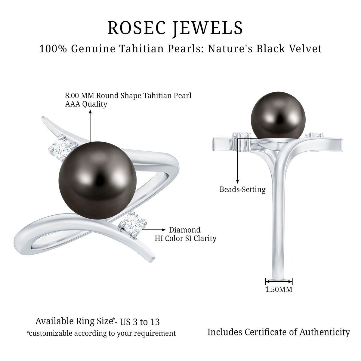 Tahitian black pearl bypass engagement ring with diamonds by Rosec Jewels, featuring a black pearl and sparkling diamond accents.