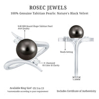 Tahitian black pearl bypass engagement ring with diamonds by Rosec Jewels, featuring a black pearl and sparkling diamond accents.