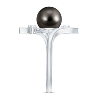 Tahitian black pearl bypass engagement ring with diamonds from Rosec Jewels, featuring a sleek, modern design with sparkling accents.