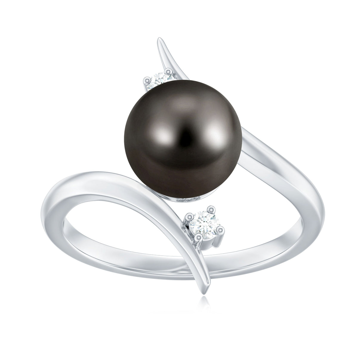 Tahitian black pearl bypass engagement ring with diamonds by Rosec Jewels, showcasing the elegant ring design and dark pearl centerpiece.
