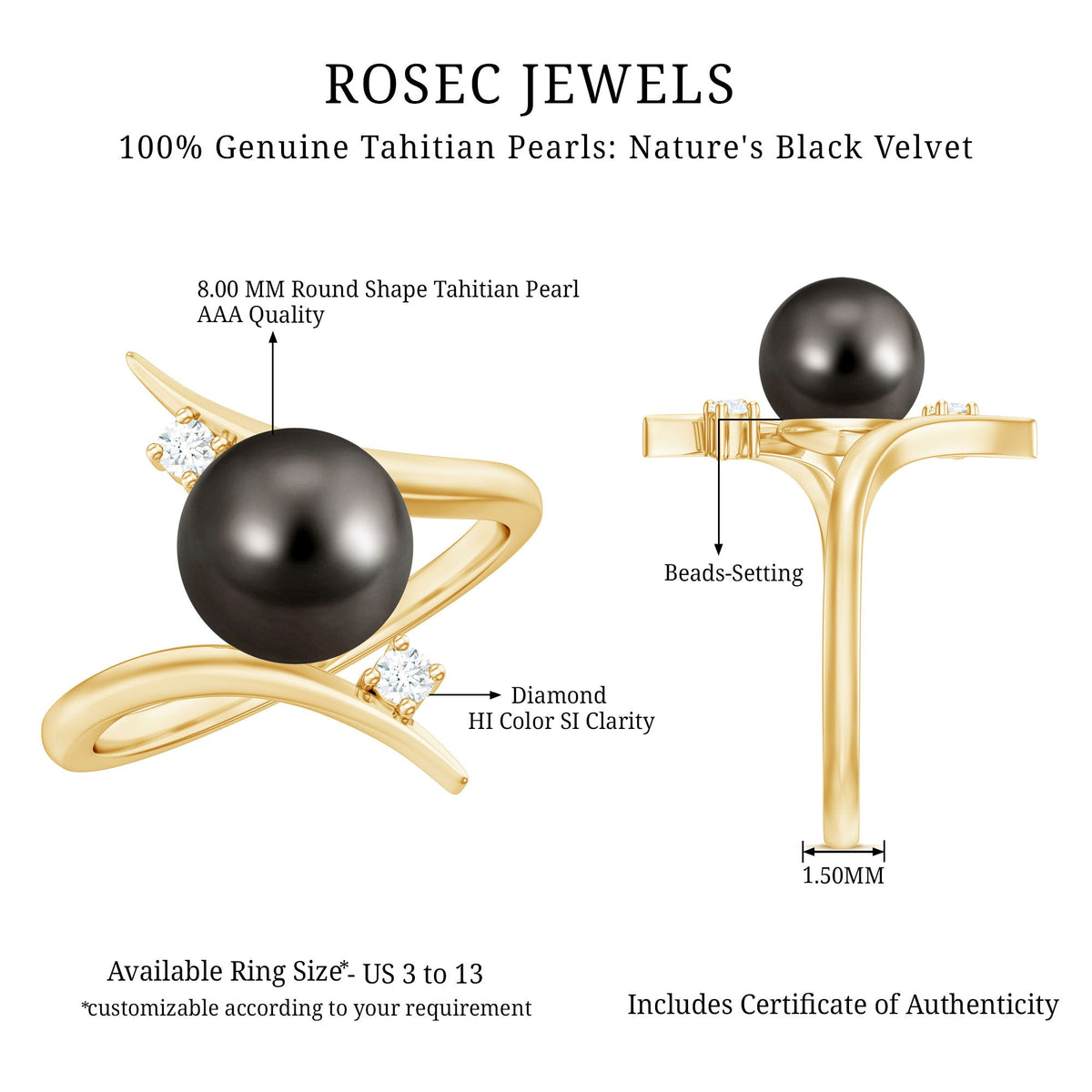 Tahitian black pearl bypass engagement ring with diamond accents from Rosec Jewels, showcasing elegant silver band and detailed design.