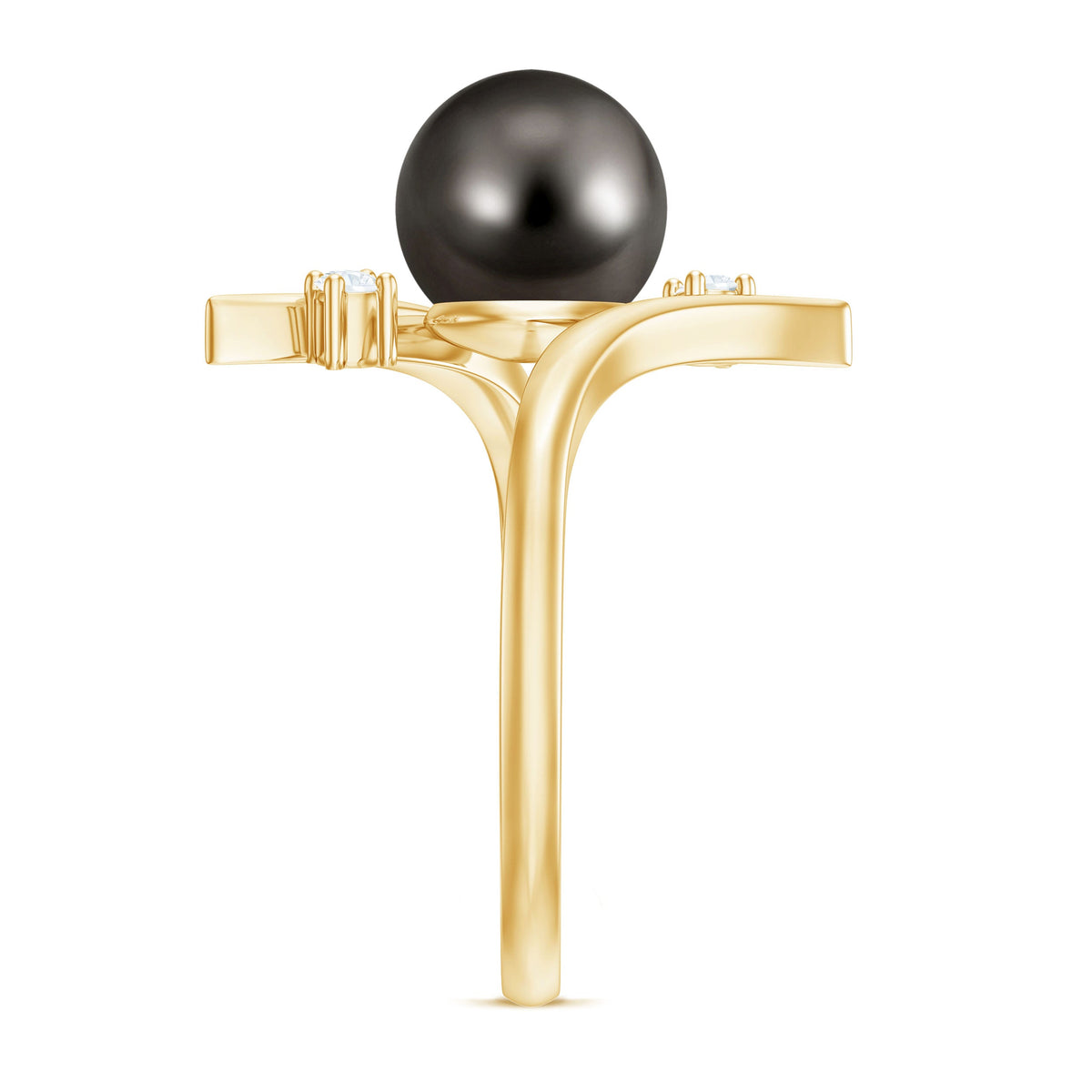 Tahitian black pearl bypass engagement ring with diamond accents by Rosec Jewels, showcasing the elegant ring design and gemstone details.