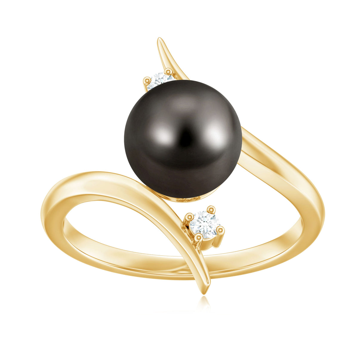 Tahitian black pearl bypass engagement ring with diamond accents from Rosec Jewels, showcasing elegant silver band and intricate design.