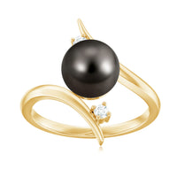 Tahitian black pearl bypass engagement ring with diamond accents from Rosec Jewels, showcasing elegant silver band and intricate design.