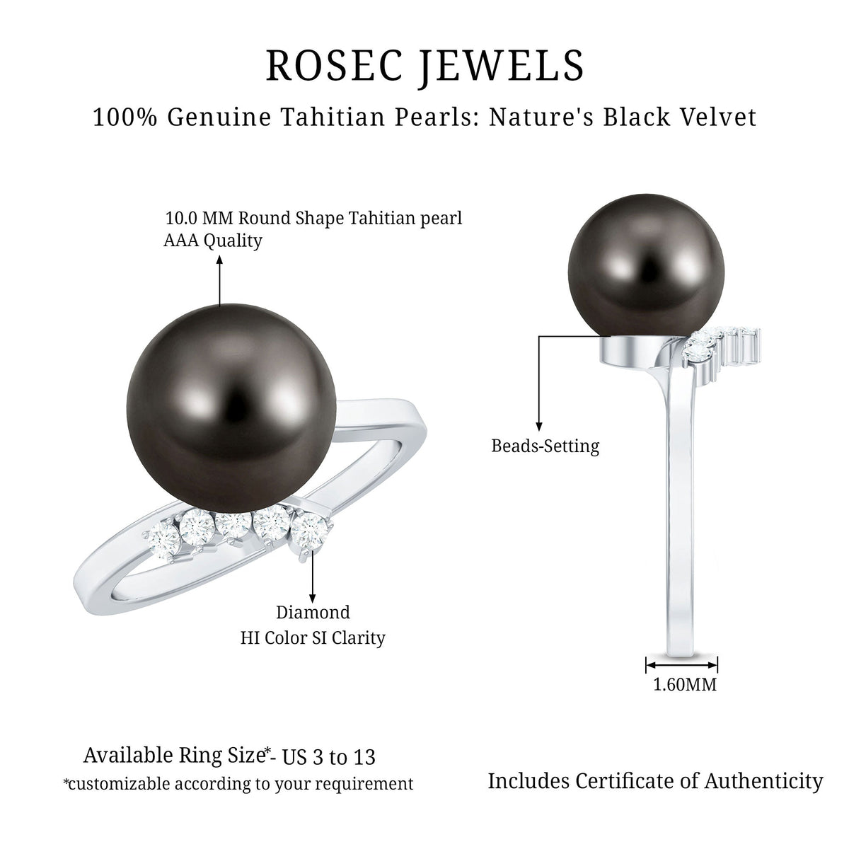 7.75 CT Designer Tahitian Pearl Solitaire Ring with Diamond