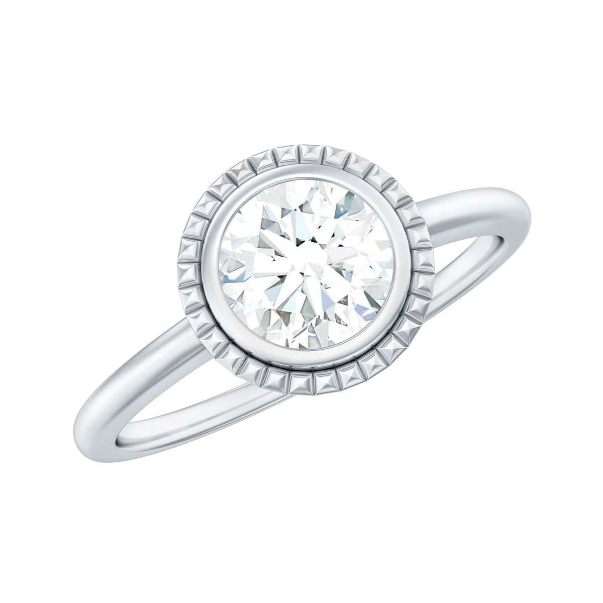 6mm round moissanite solitaire engagement ring in bezel setting by Rosec Jewels, showcasing the elegant ring design with a central gemstone.