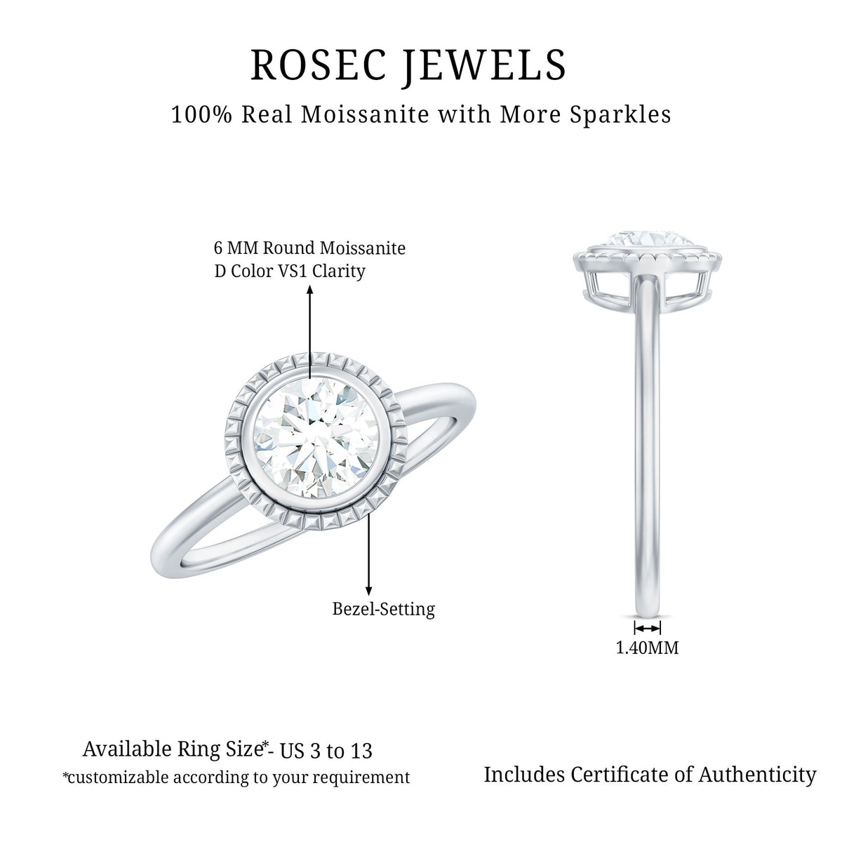 6mm round moissanite solitaire engagement ring in bezel setting by Rosec Jewels, showcasing the elegant ring design.