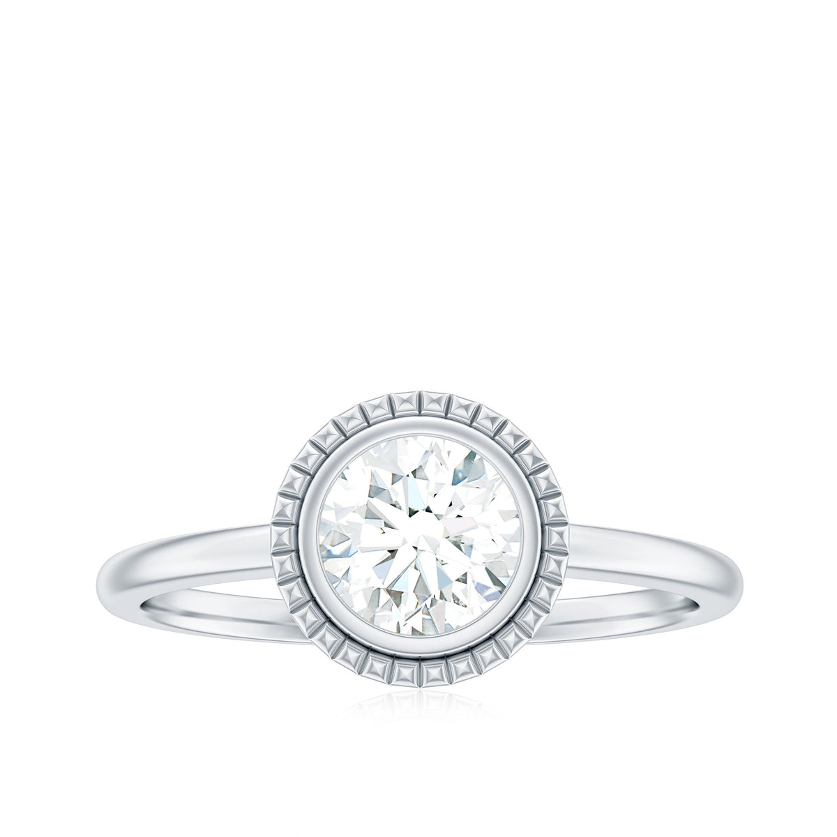 6mm round Moissanite solitaire engagement ring in bezel setting, showcasing a sparkling center stone and elegant band design.