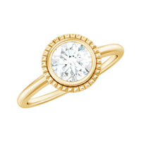 6mm round moissanite solitaire engagement ring in bezel setting, showcasing elegant silver band and sparkling center stone.