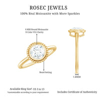 6mm round moissanite solitaire engagement ring with bezel setting from Rosec Jewels, showcasing the elegant ring design and sparkling stone.