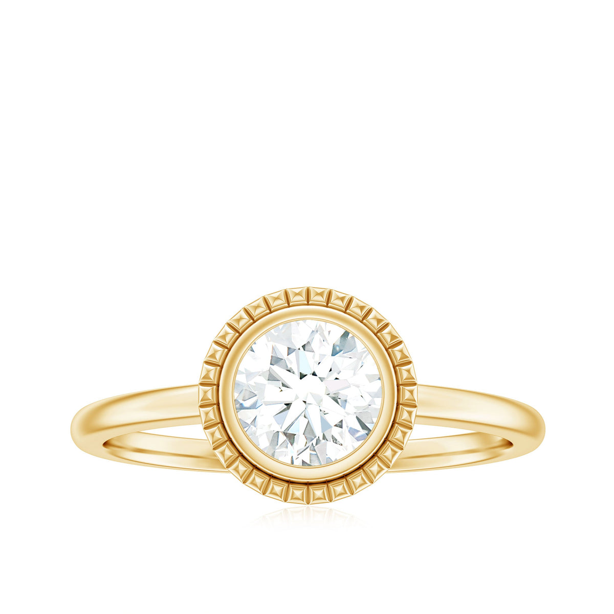 6mm round Moissanite solitaire engagement ring in bezel setting by Rosec Jewels, showcasing the elegant ring design.